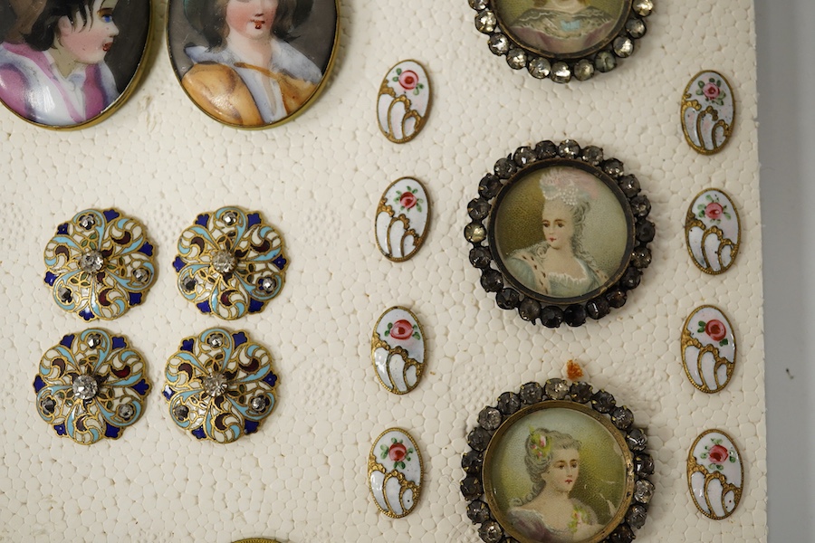 A collection of 29 assorted decorative buttons, circa 1900, largest 36mm;, Condition - the paste buttons inset with prints of 18th century ladies are tarnished and some paste is missing